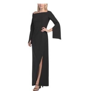 Kay Unger Black Midi Dress Split Sleeve Slit On Leg Sz 4 NEW